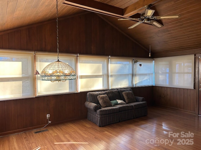 unfurnished living room with hardwood / wood-style floors, lofted ceiling with beams, wood ceiling, and wooden walls