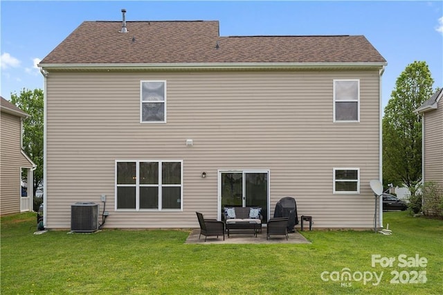 back of house with a patio, central air condition unit, a yard, and an outdoor hangout area