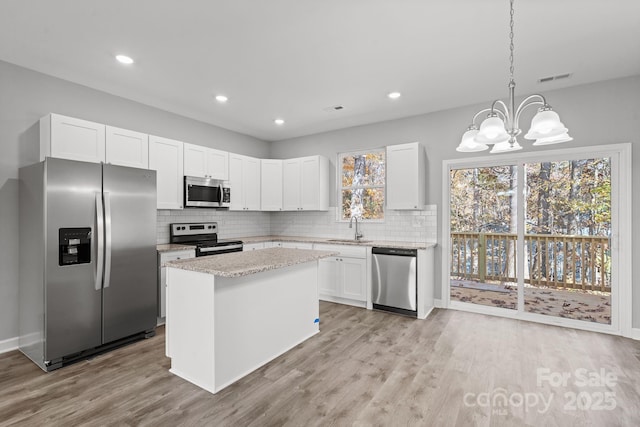 kitchen with white cabinetry, sink, a chandelier, pendant lighting, and appliances with stainless steel finishes