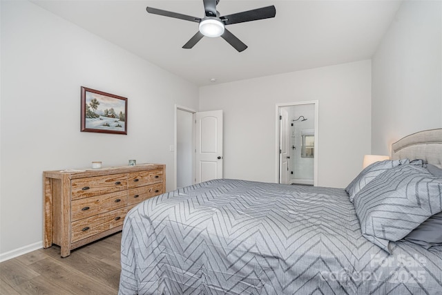 bedroom featuring light wood-type flooring and ceiling fan