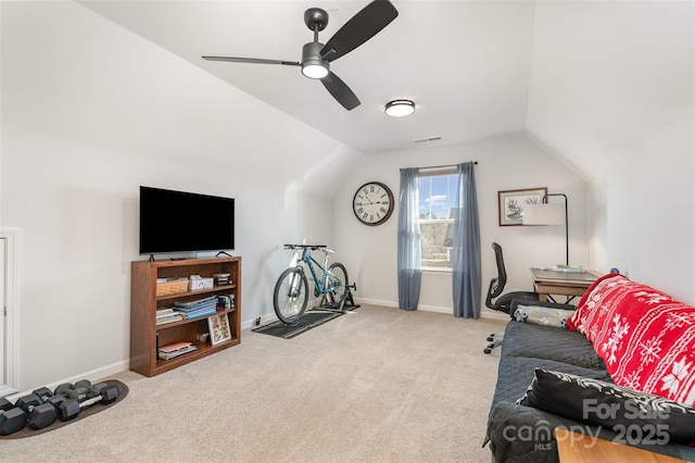 interior space with ceiling fan and lofted ceiling