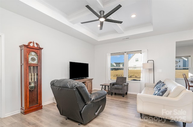 194 Tillery Ln, Mount Gilead, NC 27306 - living area with coffered ceiling, beam ceiling, ceiling fan, light wood-style flooring, and crown molding