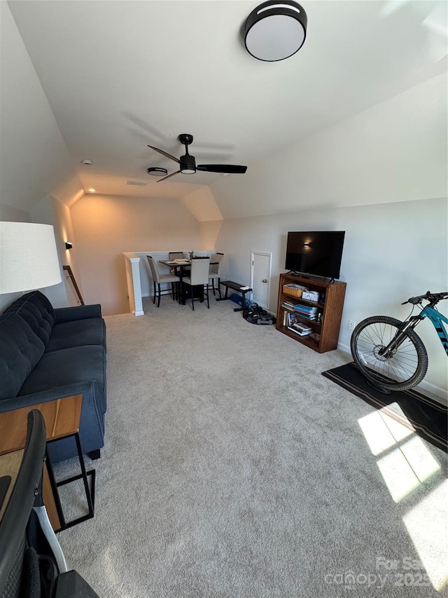 194 Tillery Ln, Mount Gilead, NC 27306 - carpeted living area featuring vaulted ceiling and ceiling fan