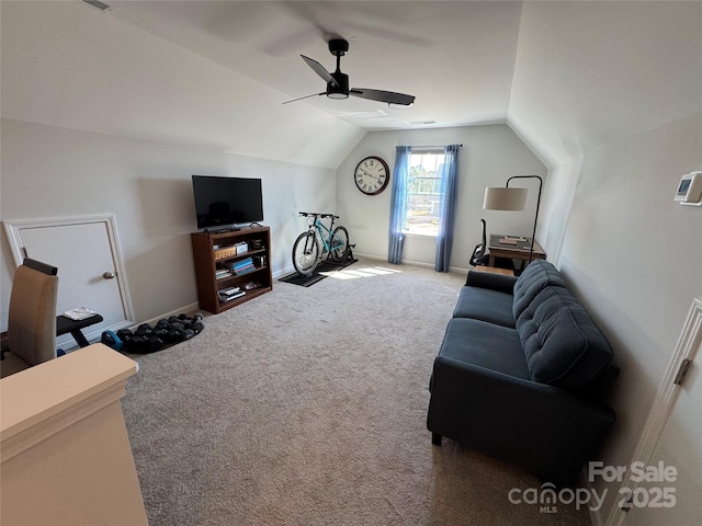 194 Tillery Ln, Mount Gilead, NC 27306 - carpeted living room featuring a ceiling fan and lofted ceiling