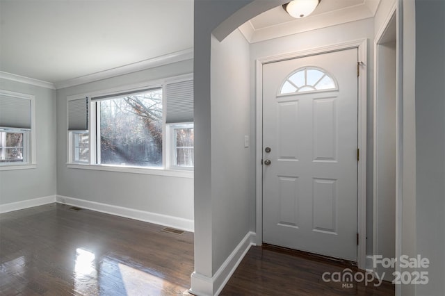 foyer featuring dark wood-type flooring, a wealth of natural light, and ornamental molding