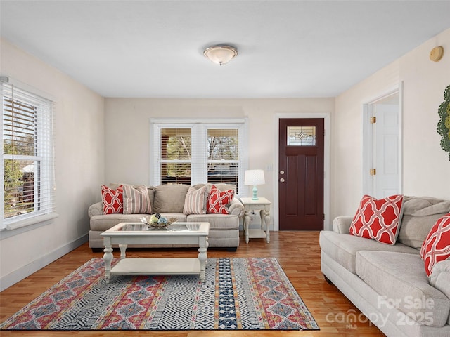 living room with light hardwood / wood-style flooring and a healthy amount of sunlight