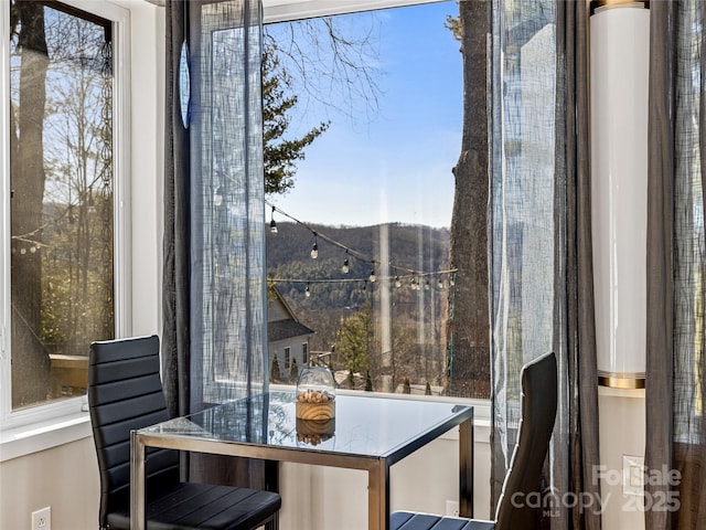 interior space with a mountain view