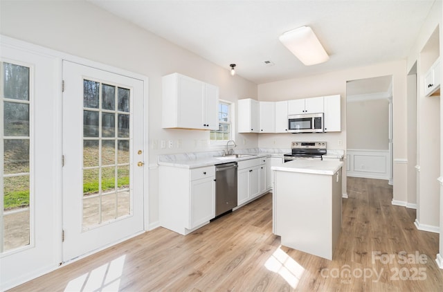 kitchen with white cabinets, a center island, stainless steel appliances, light countertops, and a sink