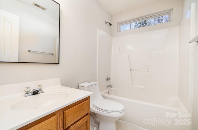 bathroom with shower / bath combination, visible vents, vanity, and toilet