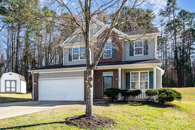 view of front of house with driveway, a shed, a front lawn, and brick siding