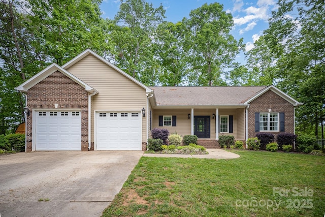 1313 Western Hills Ln, Vale, NC 28168 - ranch-style home with an attached garage, concrete driveway, a front lawn, and brick siding