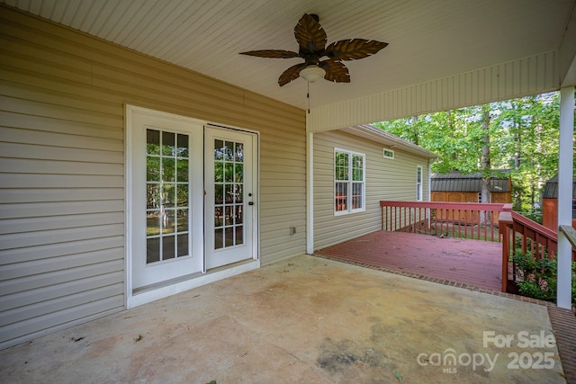 1313 Western Hills Ln, Vale, NC 28168 - view of patio / terrace featuring ceiling fan, fence, and a deck