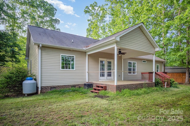 1313 Western Hills Ln, Vale, NC 28168 - rear view of property featuring a lawn, a ceiling fan, french doors, and a shingled roof