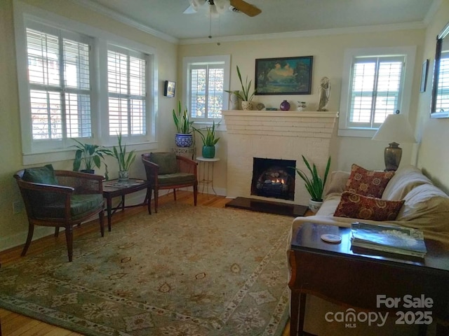 living area featuring a fireplace, wood finished floors, ceiling fan, and ornamental molding