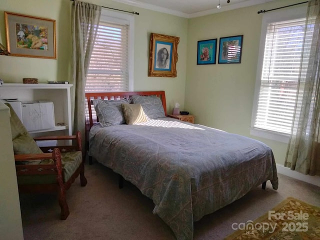 bedroom with ornamental molding and light colored carpet