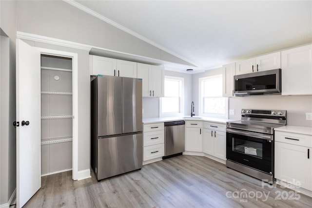 kitchen featuring white cabinetry, stainless steel appliances, and vaulted ceiling