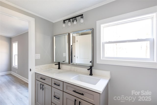 bathroom featuring hardwood / wood-style floors, vanity, crown molding, and a textured ceiling