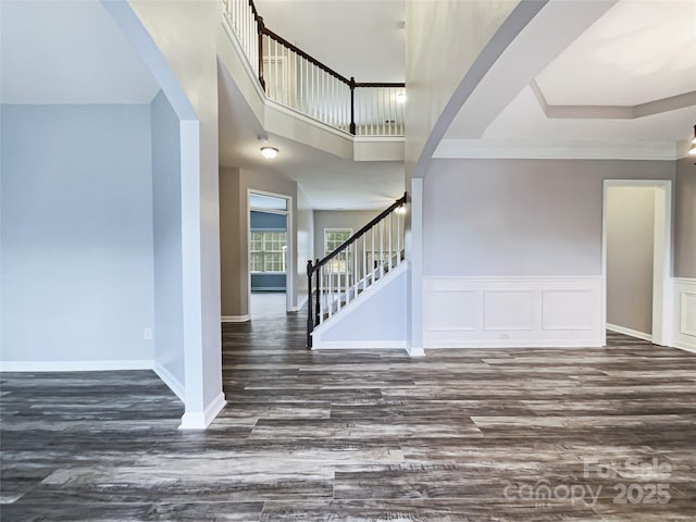 entrance foyer with a towering ceiling and dark wood-type flooring