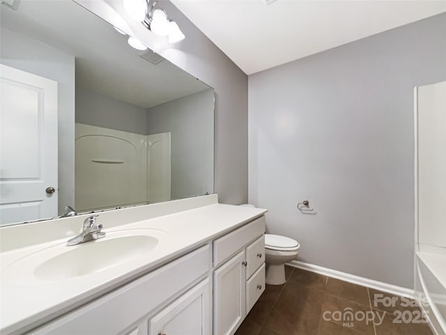 full bathroom with tile patterned flooring, shower / tub combination, vanity, and toilet