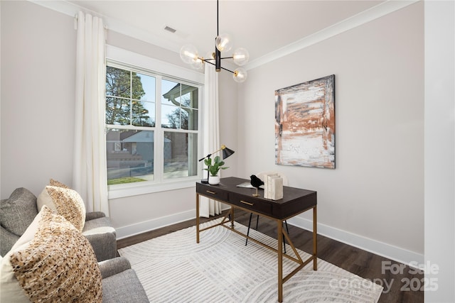 home office with crown molding, dark hardwood / wood-style flooring, and a chandelier