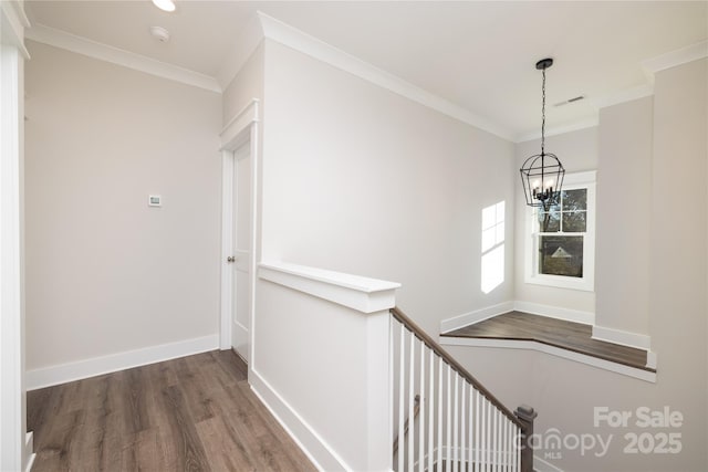 hallway with dark hardwood / wood-style flooring, crown molding, and a notable chandelier