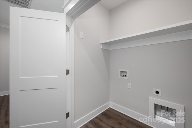 laundry area with washer hookup, electric dryer hookup, and dark wood-type flooring