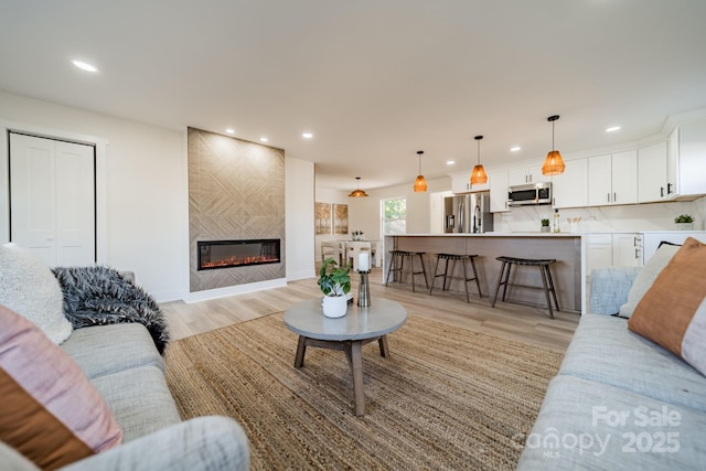 living room featuring a fireplace and light hardwood / wood-style floors