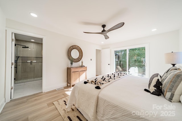 bedroom with light wood-type flooring, access to outside, ceiling fan, and ensuite bathroom