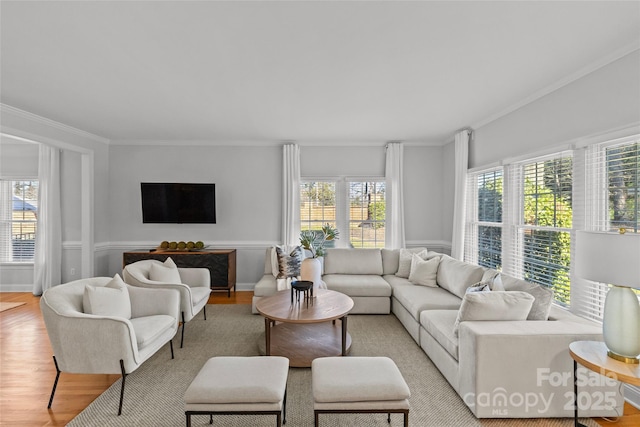 living room with crown molding and light hardwood / wood-style floors