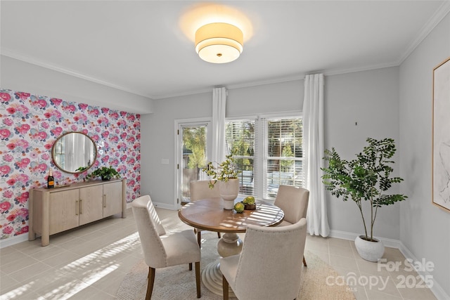 dining area featuring light tile patterned flooring and ornamental molding