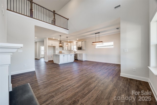 unfurnished living room with plenty of natural light, dark wood finished floors, visible vents, and baseboards