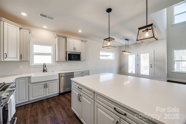 kitchen featuring visible vents, dark wood-style floors, stainless steel appliances, a healthy amount of sunlight, and a sink