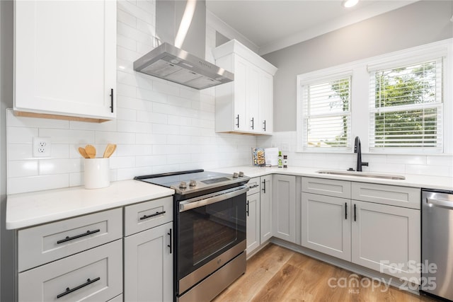 kitchen with wall chimney range hood, sink, light hardwood / wood-style flooring, decorative backsplash, and appliances with stainless steel finishes