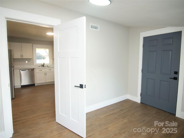 entrance foyer with sink and hardwood / wood-style flooring