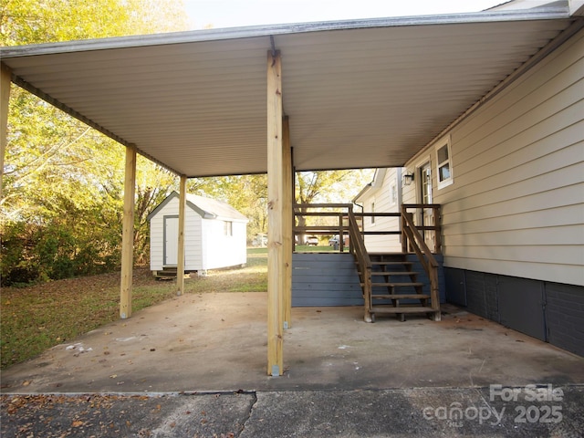 view of patio with a storage shed