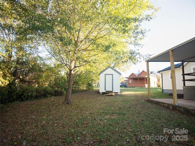 view of yard with a shed