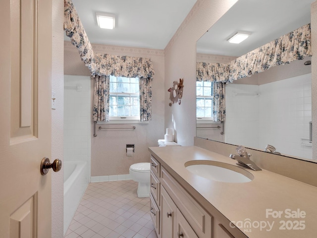 full bathroom featuring plenty of natural light,  shower combination, toilet, and vanity