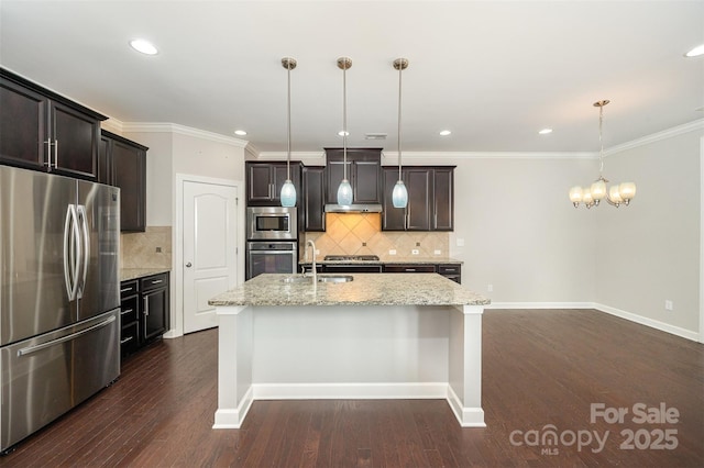 kitchen featuring decorative light fixtures, a center island with sink, appliances with stainless steel finishes, and backsplash