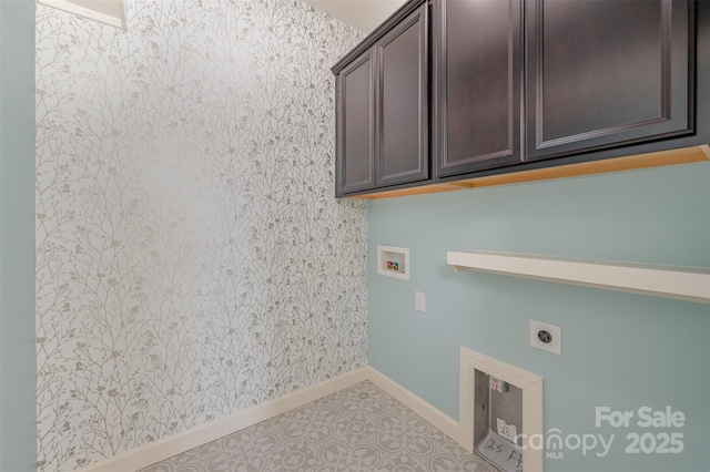 washroom featuring hookup for an electric dryer, cabinets, washer hookup, and light tile patterned floors