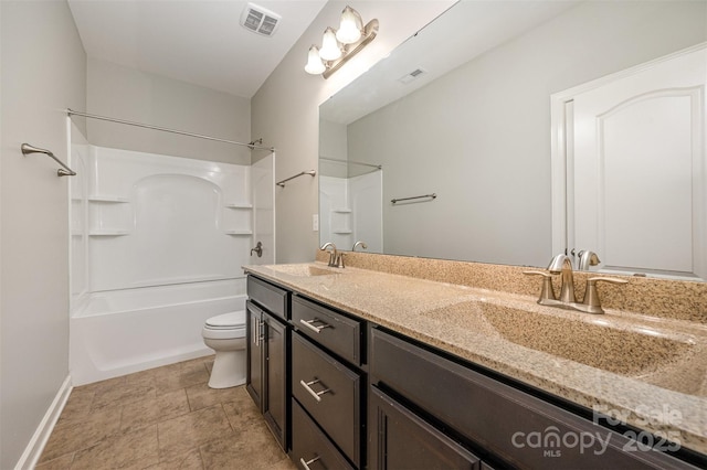 full bathroom featuring vanity, toilet, and shower / bathing tub combination