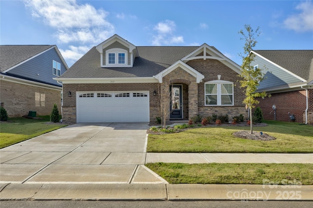 craftsman-style home with a garage and a front lawn