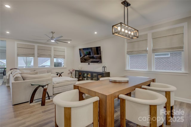 dining area with ceiling fan, wood-type flooring, and ornamental molding