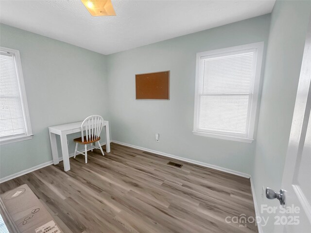 office space featuring a textured ceiling, light hardwood / wood-style floors, and a wealth of natural light