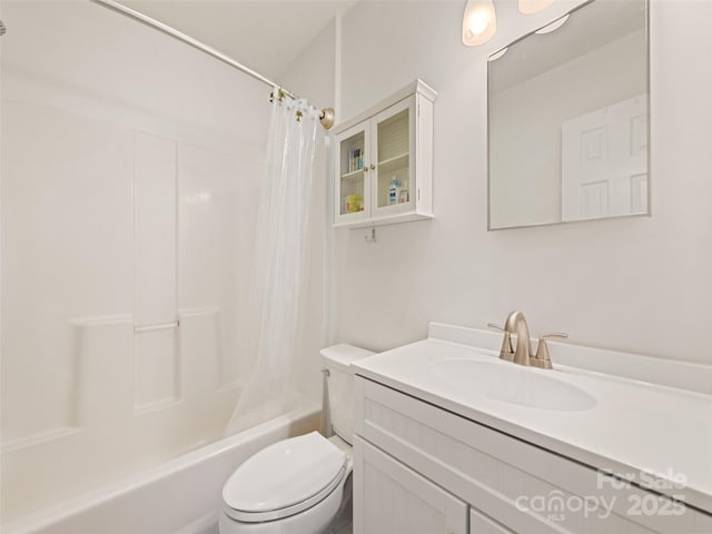 full bathroom with vanity, toilet, and shower / bathtub combination with curtain