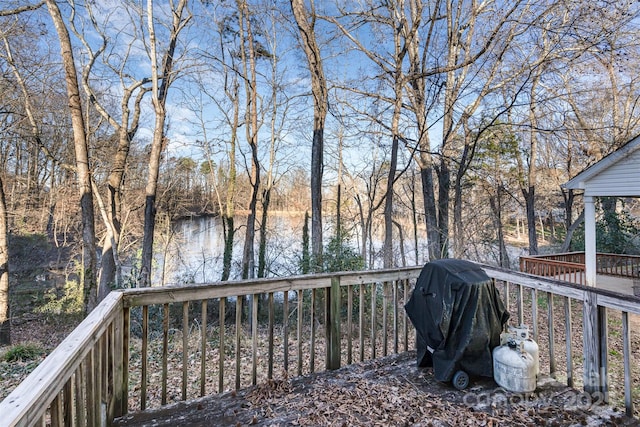 wooden deck with a grill and a water view