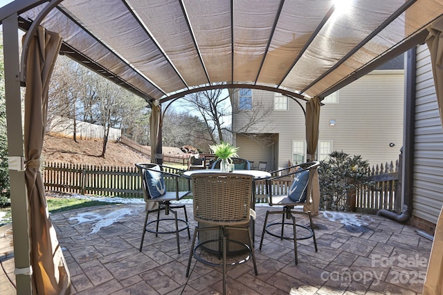 view of patio / terrace featuring an outdoor bar and a pergola