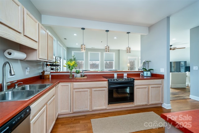 kitchen featuring stainless steel dishwasher, black electric range oven, sink, and hanging light fixtures