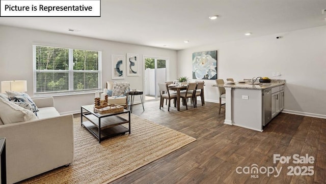 living room with dark wood-type flooring and sink