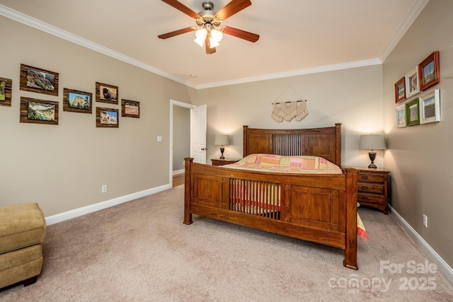 bedroom with ceiling fan, light colored carpet, and ornamental molding