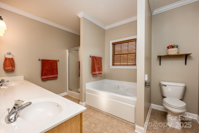 full bathroom with tile patterned floors, ornamental molding, vanity, independent shower and bath, and toilet